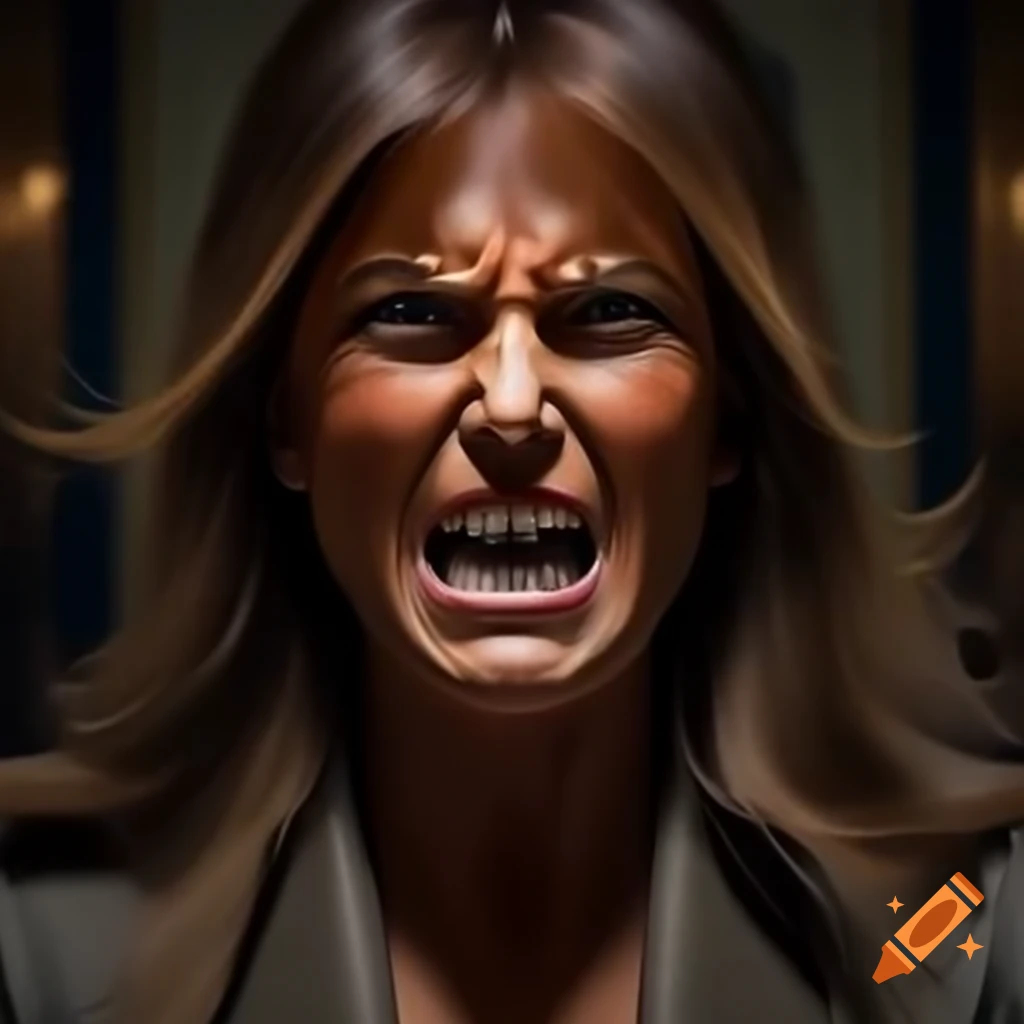 Melania Trump frowning and packing suitcase in detailed photorealistic style