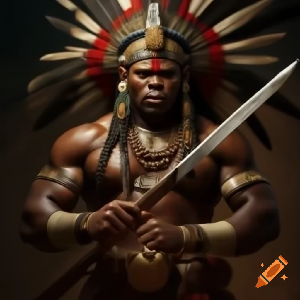 Cacique Taino warrior king standing proudly with traditional weapons and jewelry