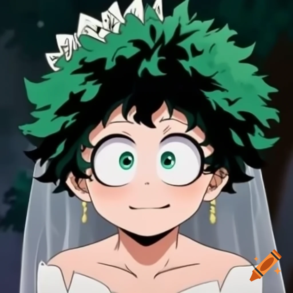 Izuku Midoriya in a wedding dress with full face makeup