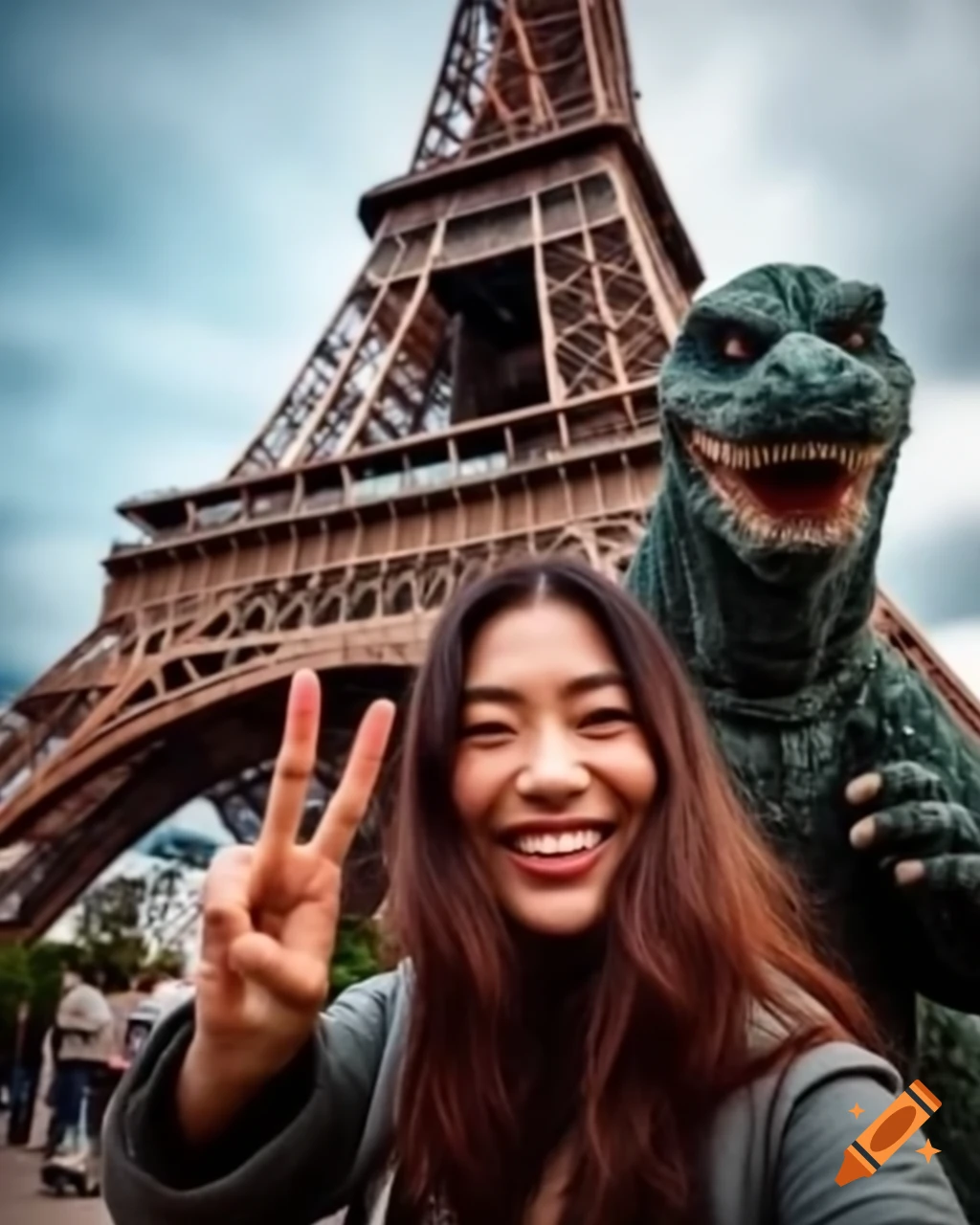 Japanese actress with Godzilla mascot and Eiffel Tower, hyper-realistic details
