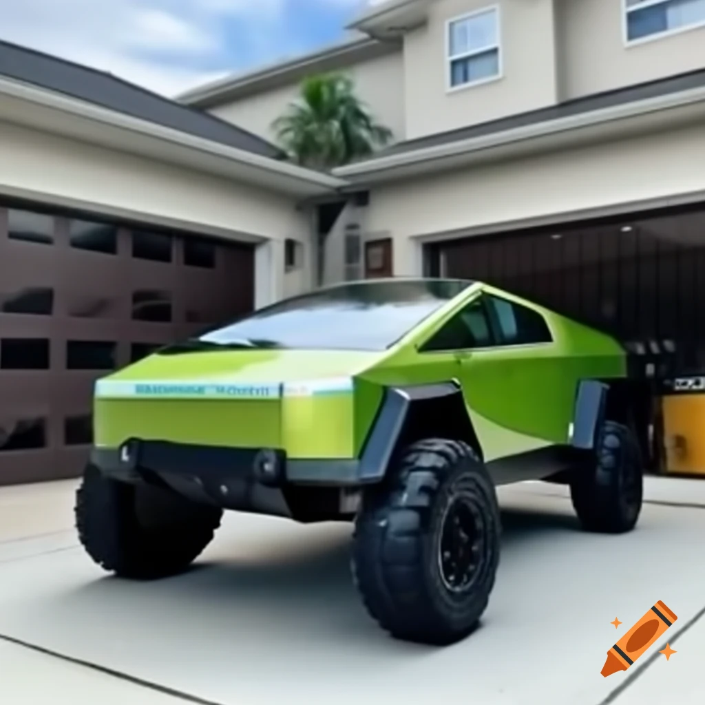 Little green cybertruck parked in driveway