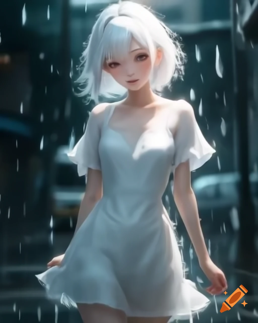 Anime character with white hair and dress on a rainy day, realistic style