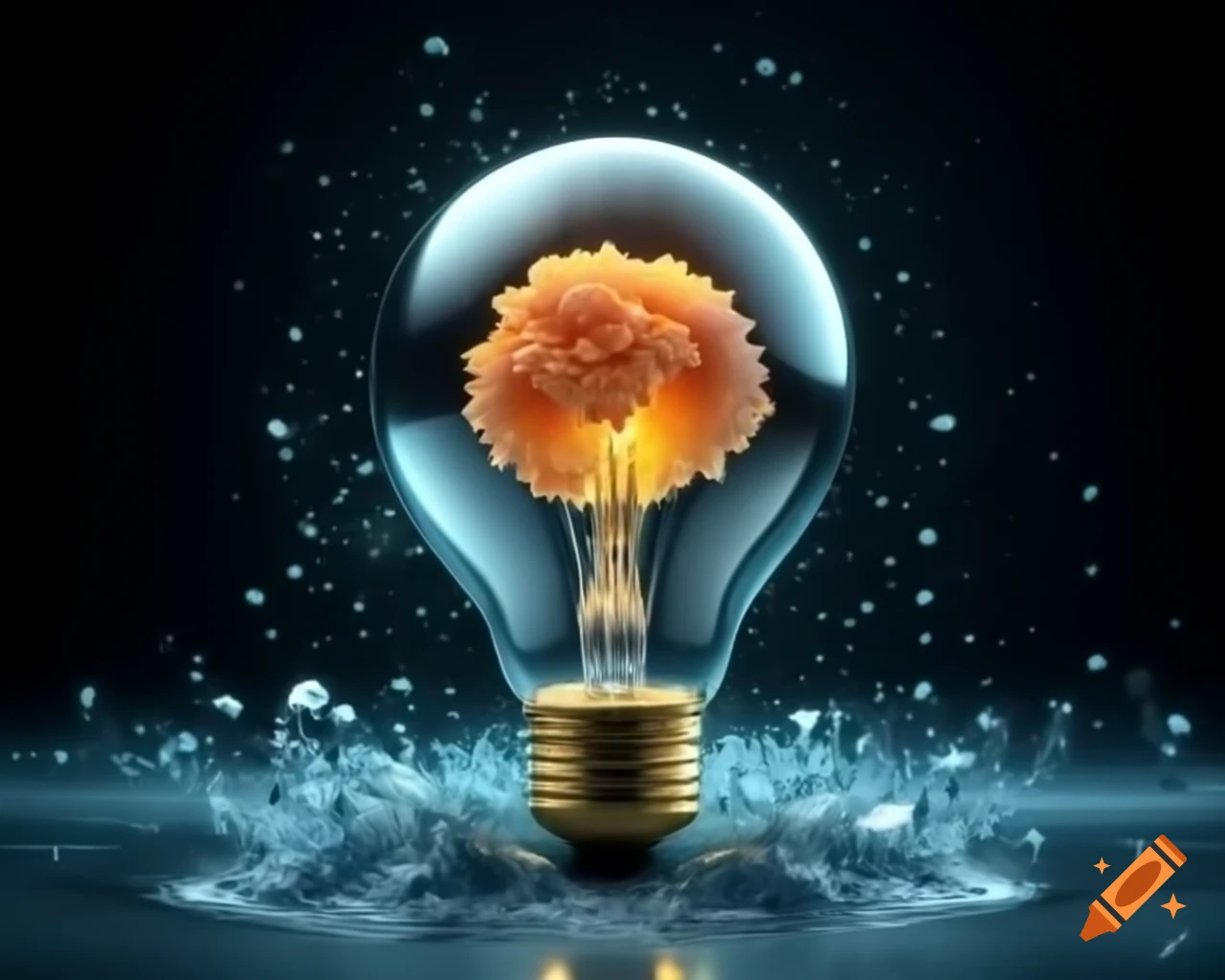 Electric tableau inside incandescent bulb with glowing filament and luminous particles
