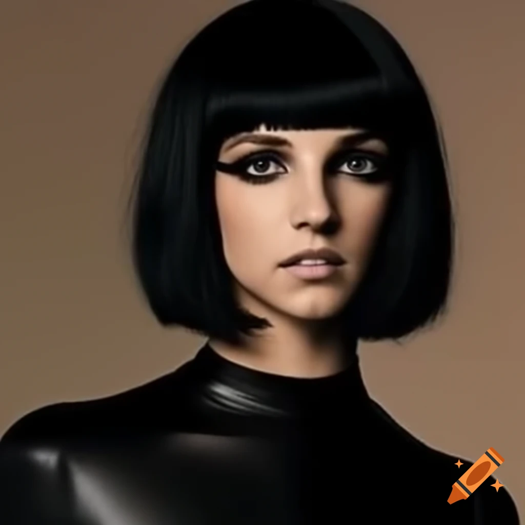 Britney Spears in gothic style with short black hair and tight dress