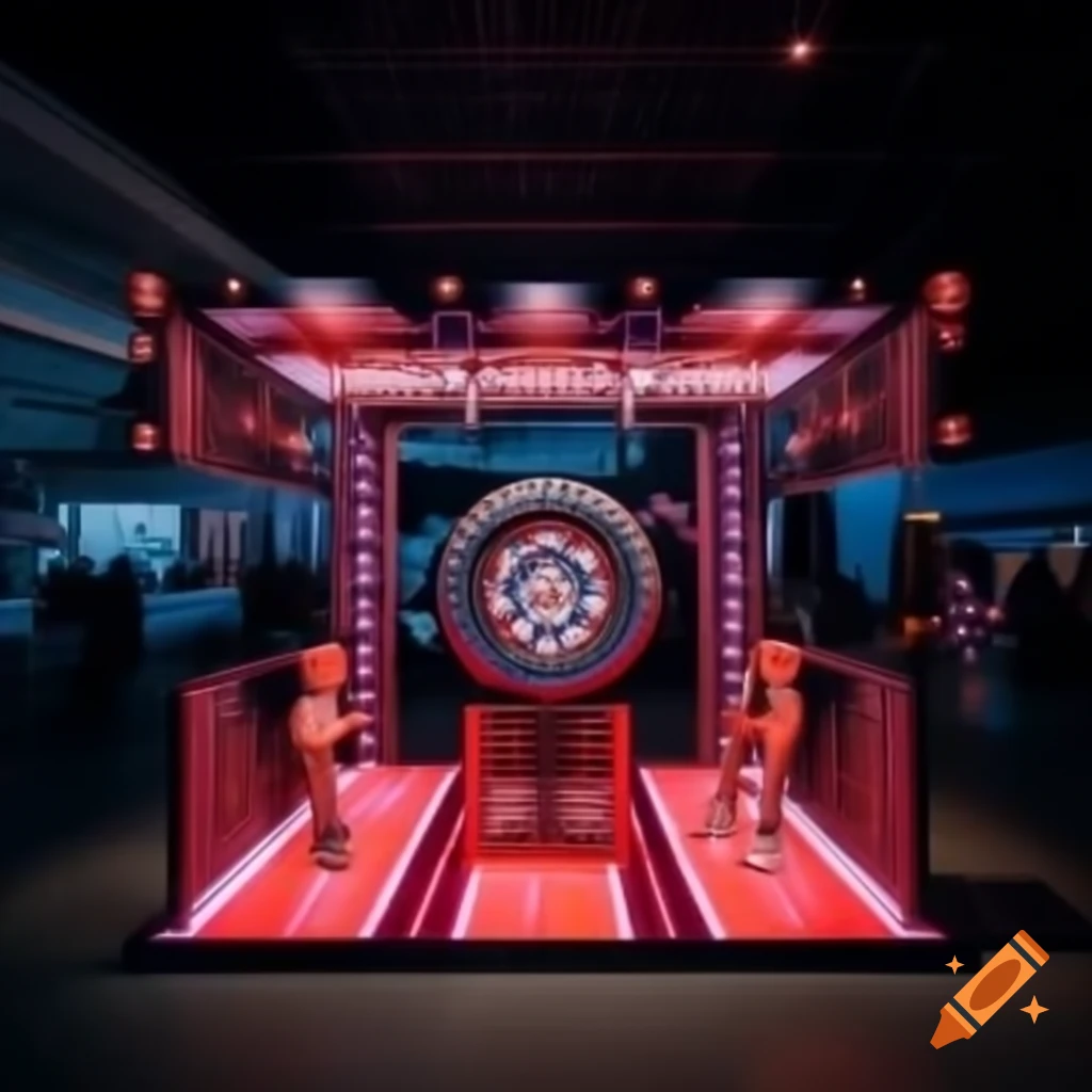 Entertainment booth at motor exhibition featuring prize wheel designed as car tire