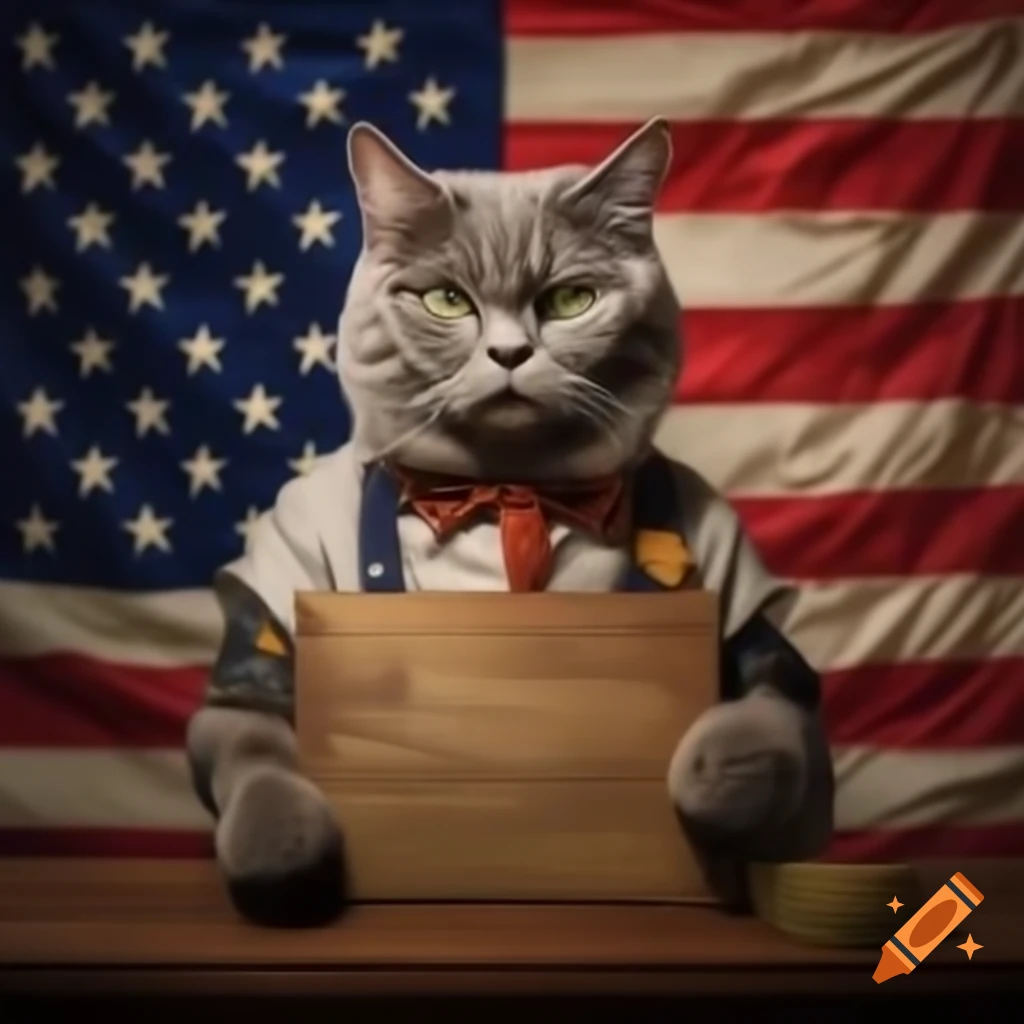 Cat in front of American flag holding sign with humorous message