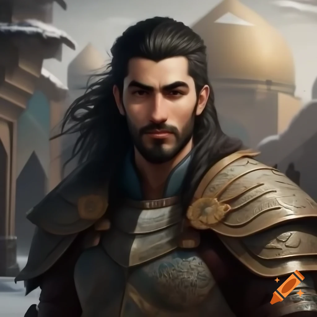 Aesthetic male warrior in traditional Persian armor with slicked-back mullet