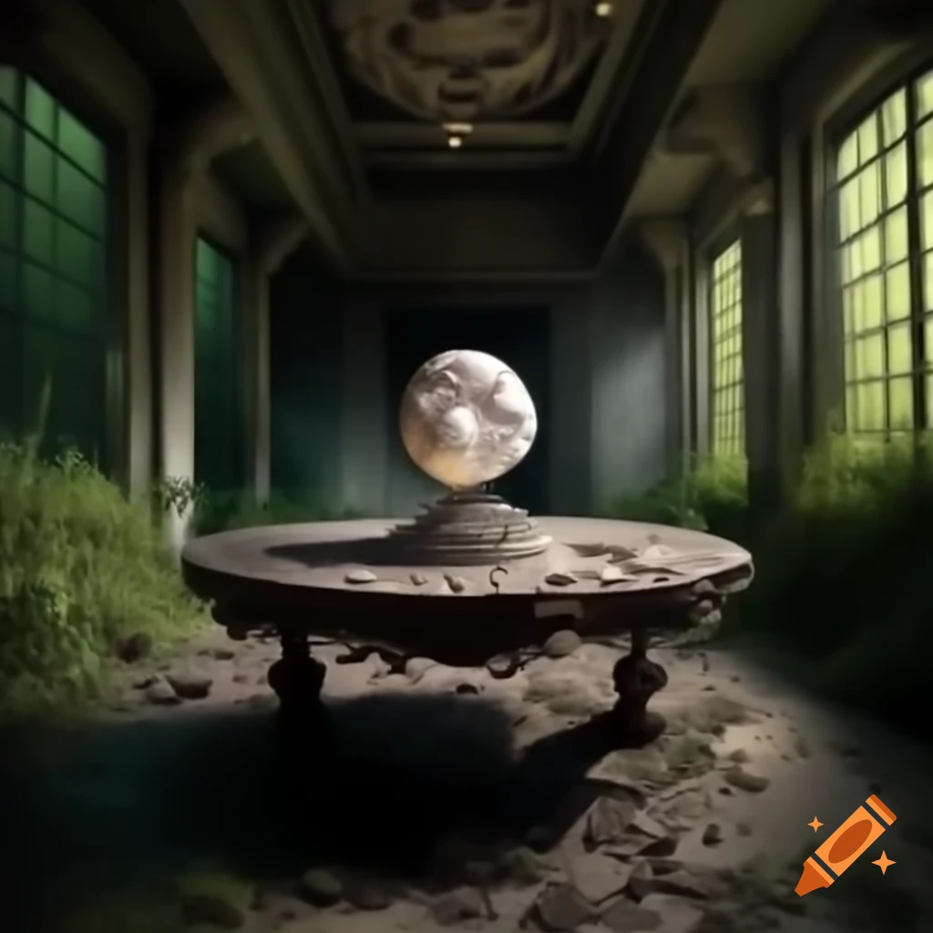 Photorealistic detailed replica of the moon on ornate table in overgrown abandoned temple