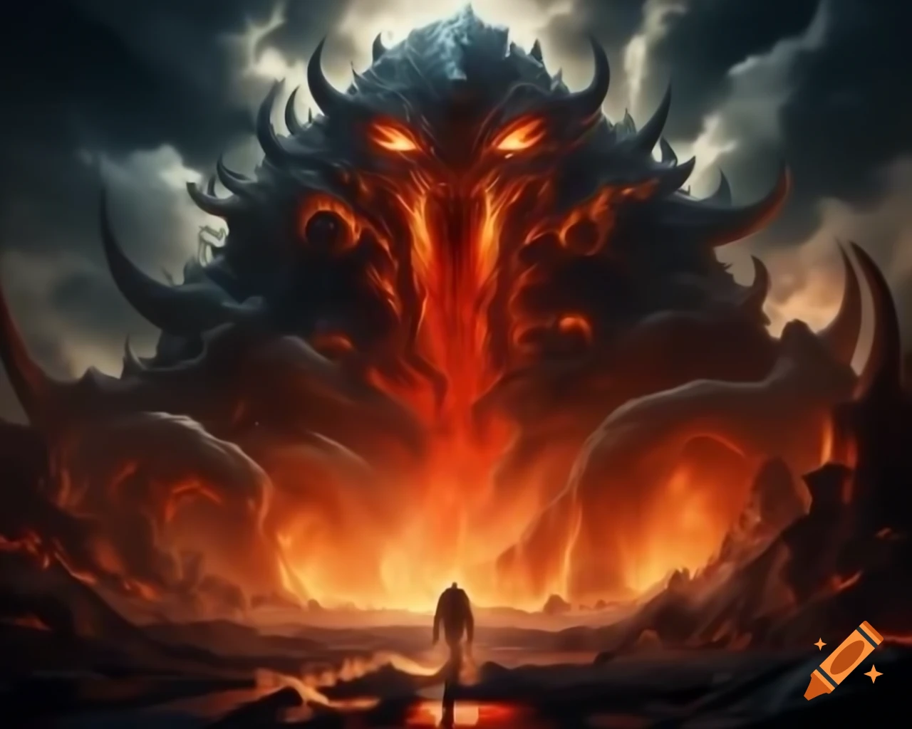 Creepy golem monster emerging from earth, molten and powerful