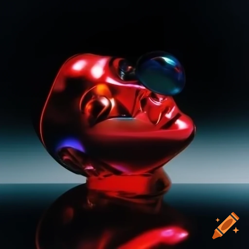 Pop surreal photography featuring iridescent red glass statue
