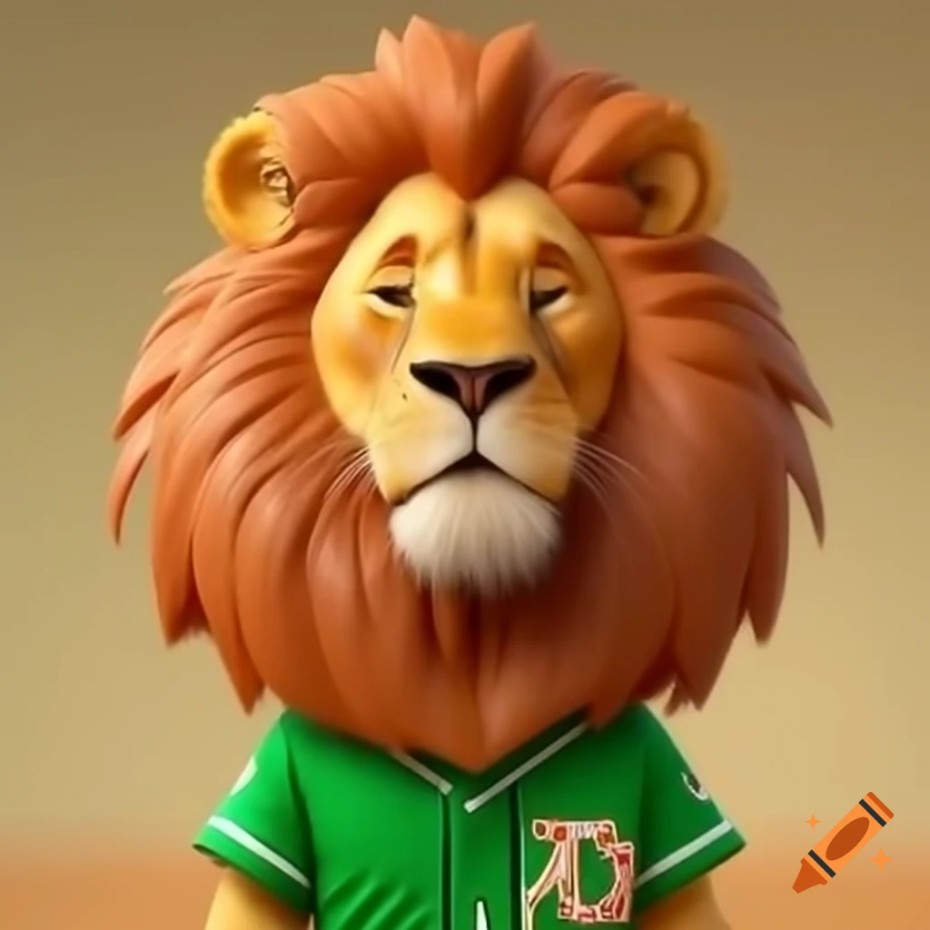 Cartoon lion in green baseball jersey