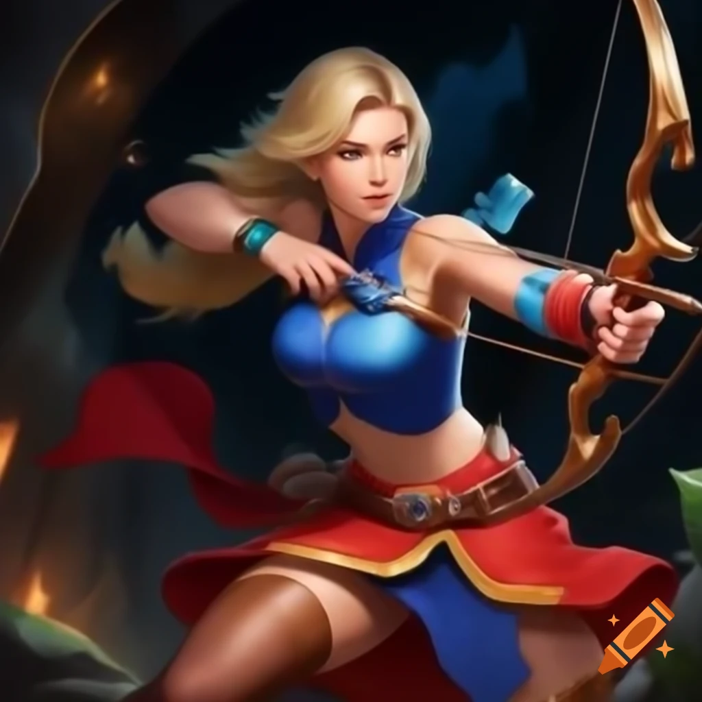 Female archer in blue and red outfit aiming bow and arrow