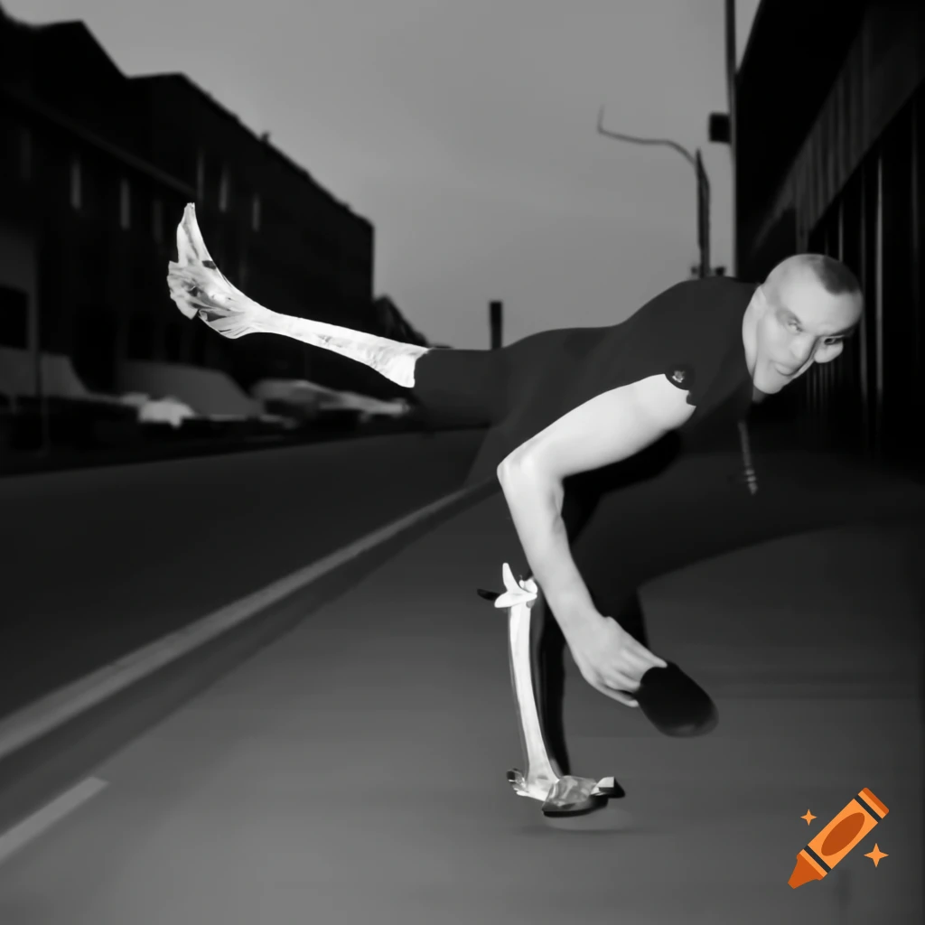 Man with chicken bones for legs tap dancing on the street