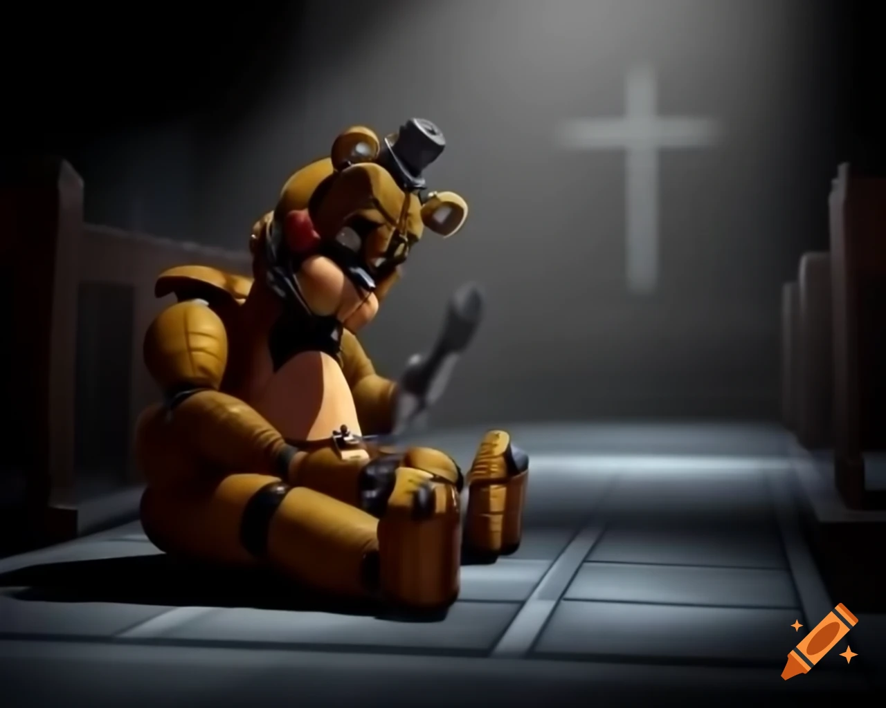 Freddy Fazbear in a church praying with hands together, high definition