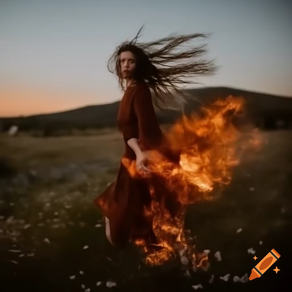 Woman with long hair in dress running through a burning wildflower field