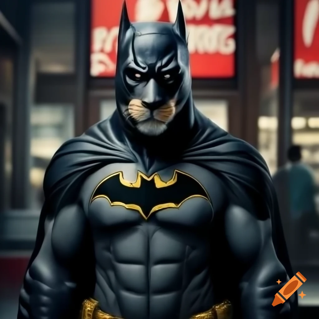 Lion dressed as Batman in front of KFC