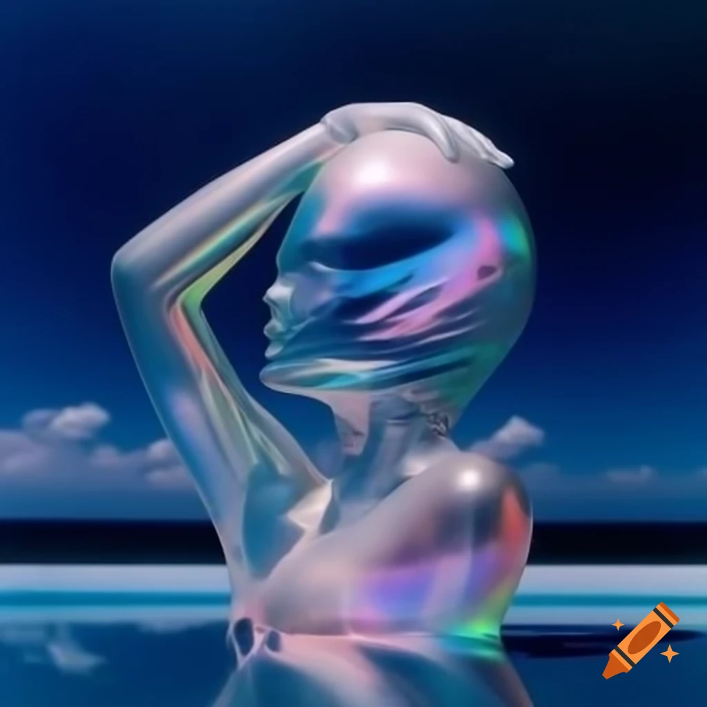 Pop surreal photography featuring iridescent glass statue