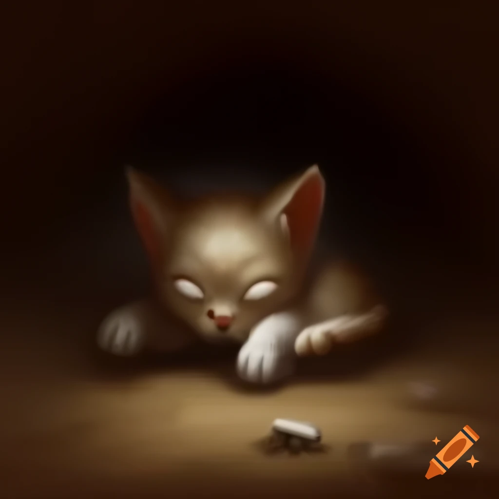 Stitched-together kitten emerging from shadows, showcasing undead features