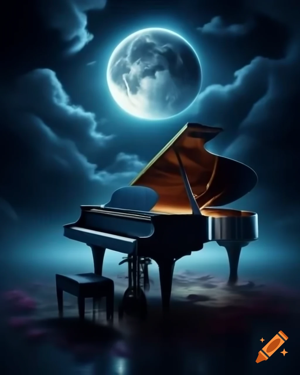 Grand piano under night sky with bright moon above