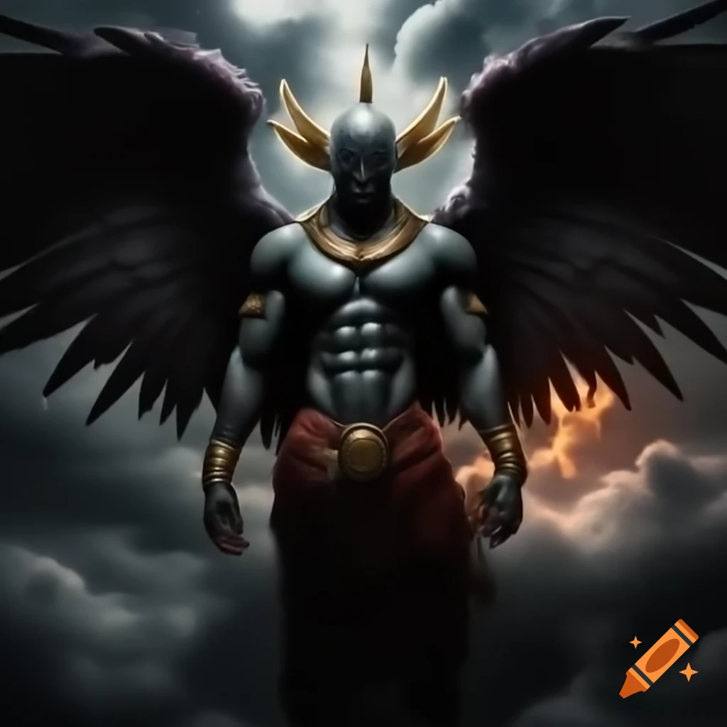 Buff Icarus with mohawk and wings ablaze soaring towards clouds