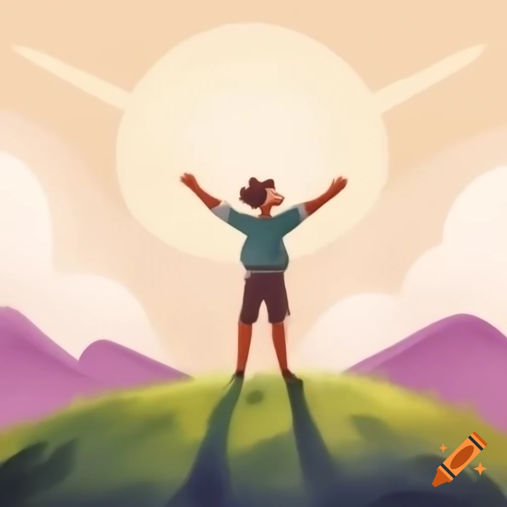 Pencil drawing of person standing triumphantly on hill with arms raised