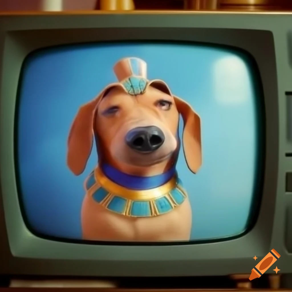 Egypt dog wearing Cleopatra necklace in 2000s cartoon style