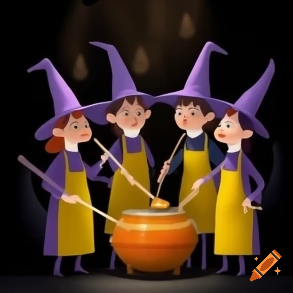 Four witches in yellow stirring a honeypot
