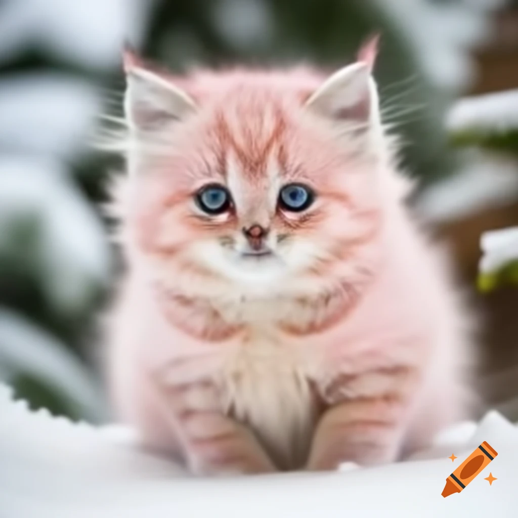 Fluffy pink kitten rolling in snow with alpine backdrop