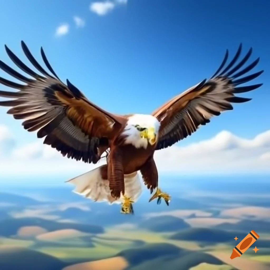 Yellow eagle soaring above Hungarian countryside with outstretched wings