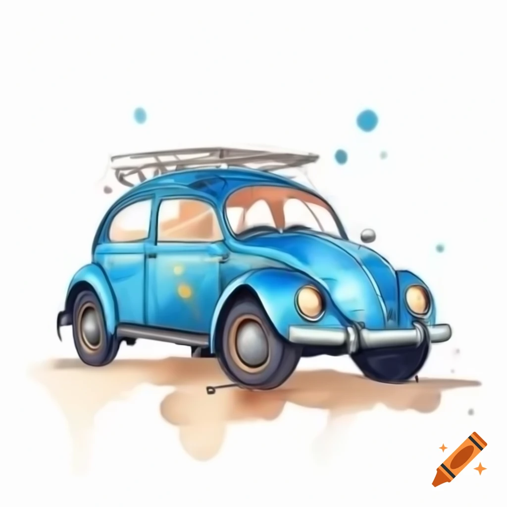 Cartoon style Volkswagen Beetle on white background, watercolor effect