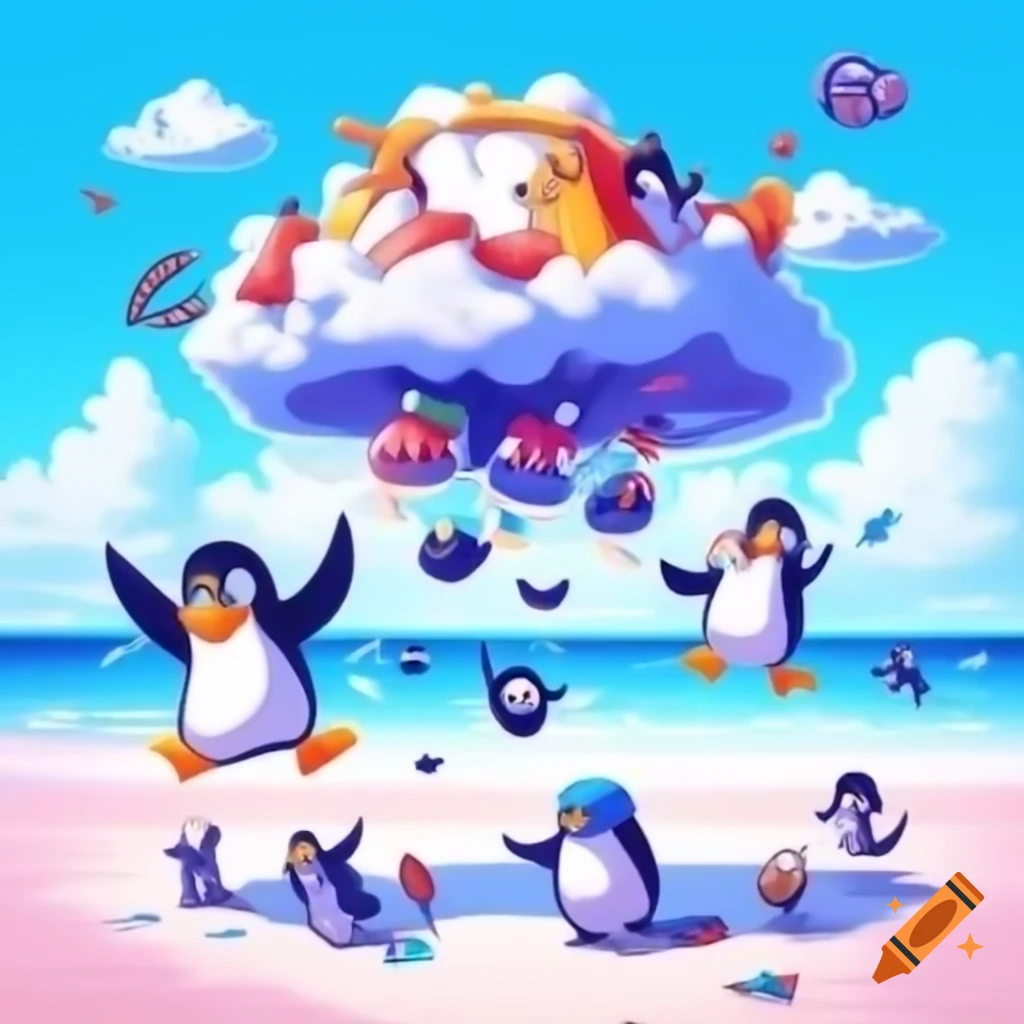 Whimsical scene of kittens and penguins over Florida beach with Canadians dancing