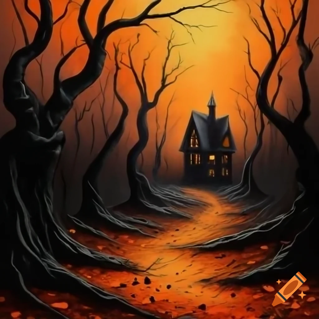 Spooky oil painting of orange autumn forest with dead black trees and haunted house