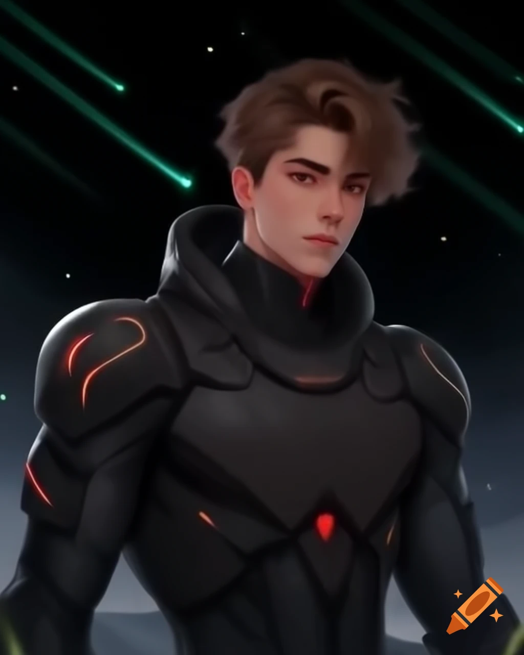 Man with messy brown hair and green-red eyes in futuristic black suit against starry sky