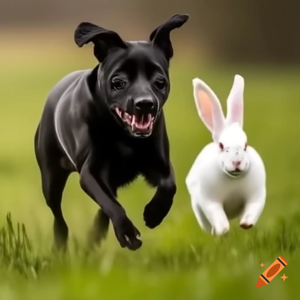 Black dog running through grass field chasing white rabbit