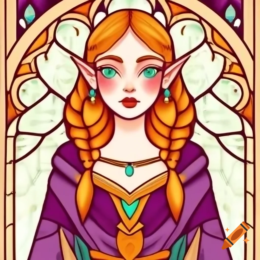 Stained glass window of elven noblewoman with intricate jewels and rich fabrics