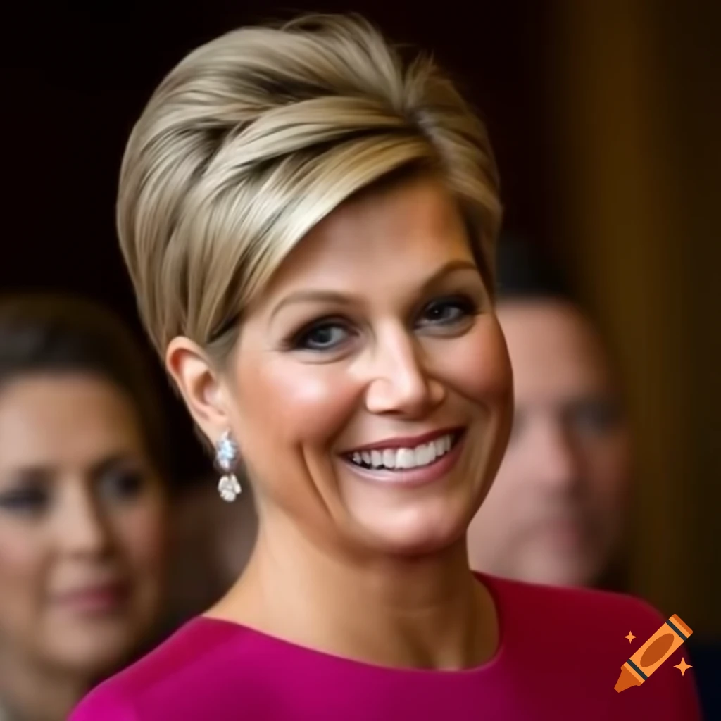 Queen Maxima showcasing short pixie cut and regal style