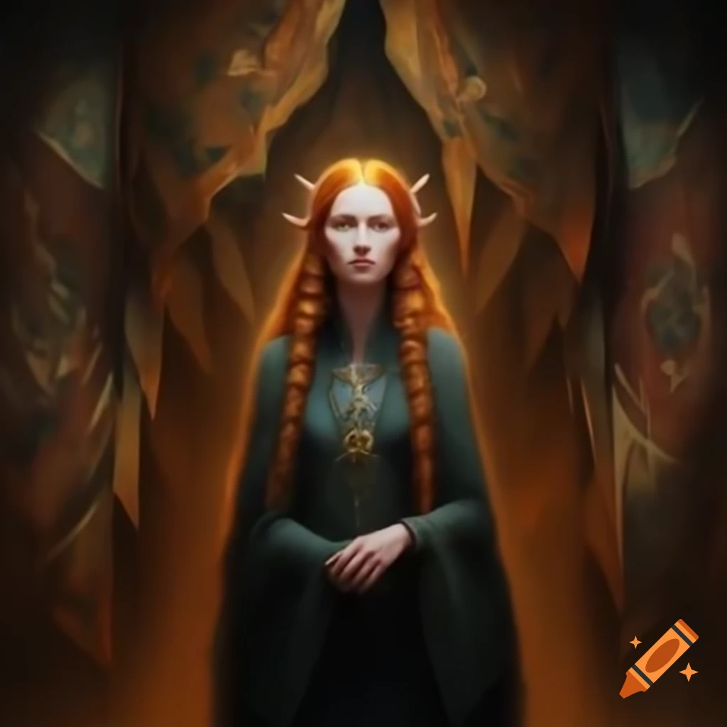 Elven noblewoman in opulent tapestries with intricate jewelry and auburn hair