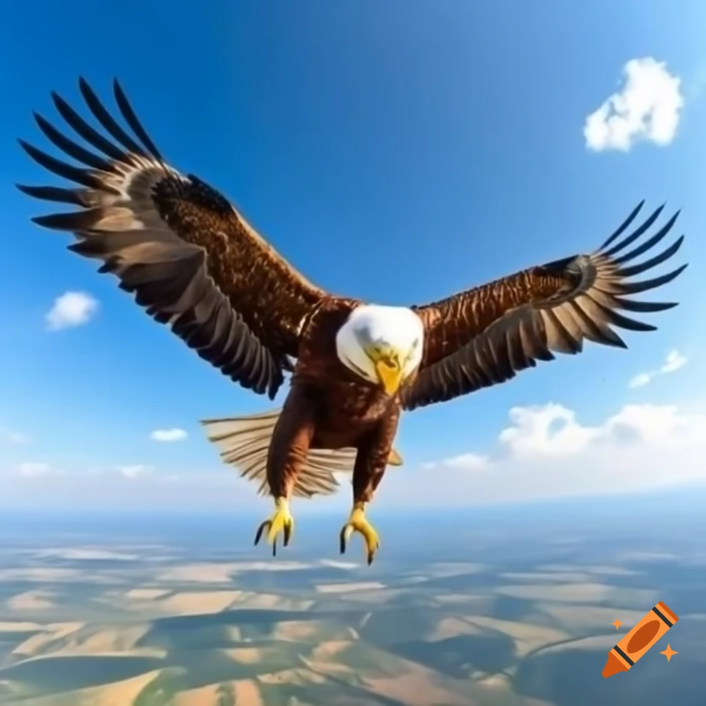 Yellow eagle soaring over Hungarian countryside with outstretched wings