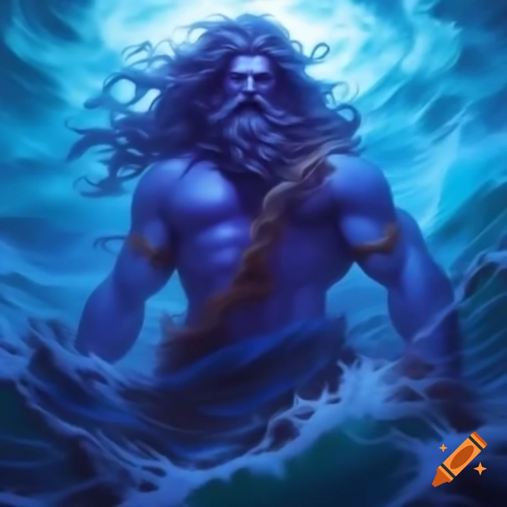 Poseidon, god of the sea, depicted in purple, blue, and green colors