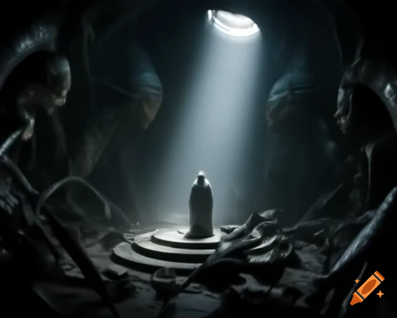 Silhouette of ritual casting shadows in grimy chamber with skeletal furnishings
