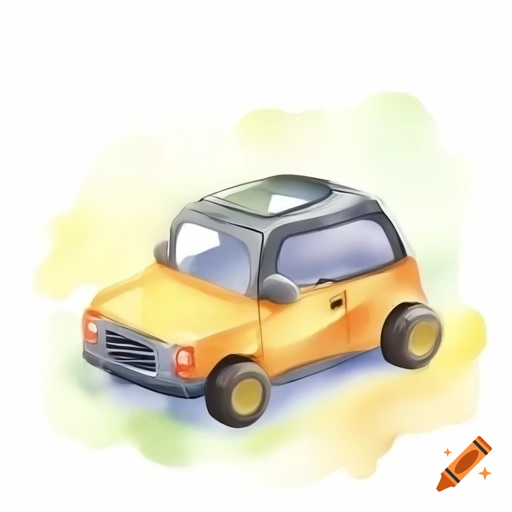 Cartoon-style toy car with a bed on a white background, watercolor illustration