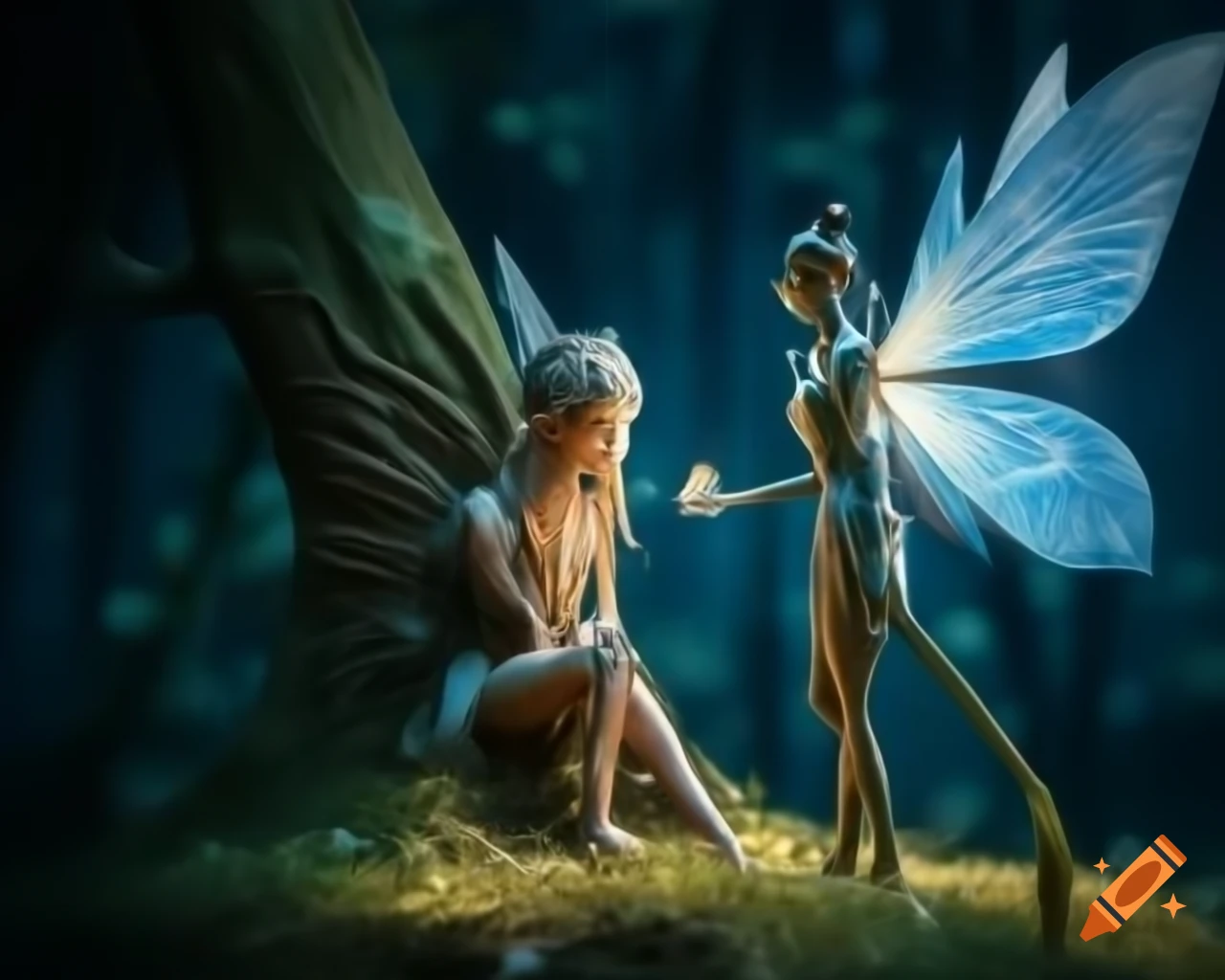 Photorealistic 3D render of fairy standing by tree in forest with raytracing