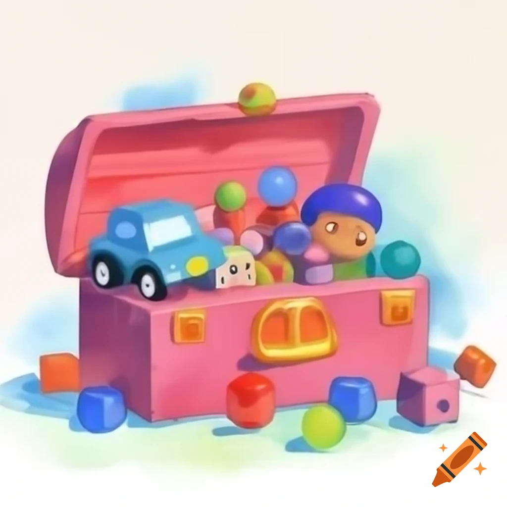Chest overflowing with various toys like cars, dolls, and balls, in watercolor style