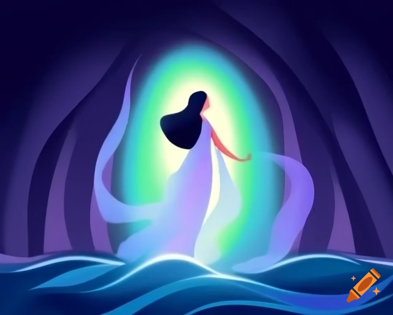 Ethereal goddess in flowing finery illuminated by cascading light and aurora