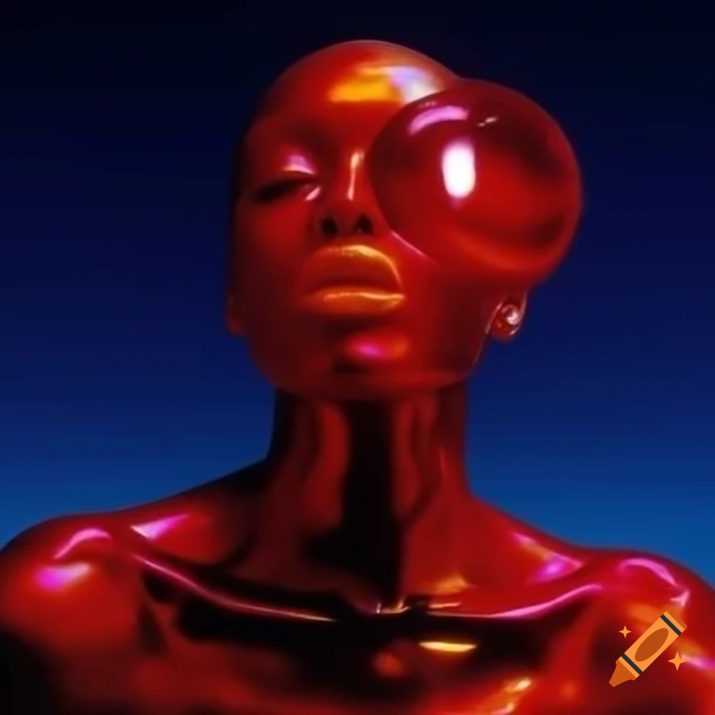 Iridescent red glass statue in pop surreal 2000's photography