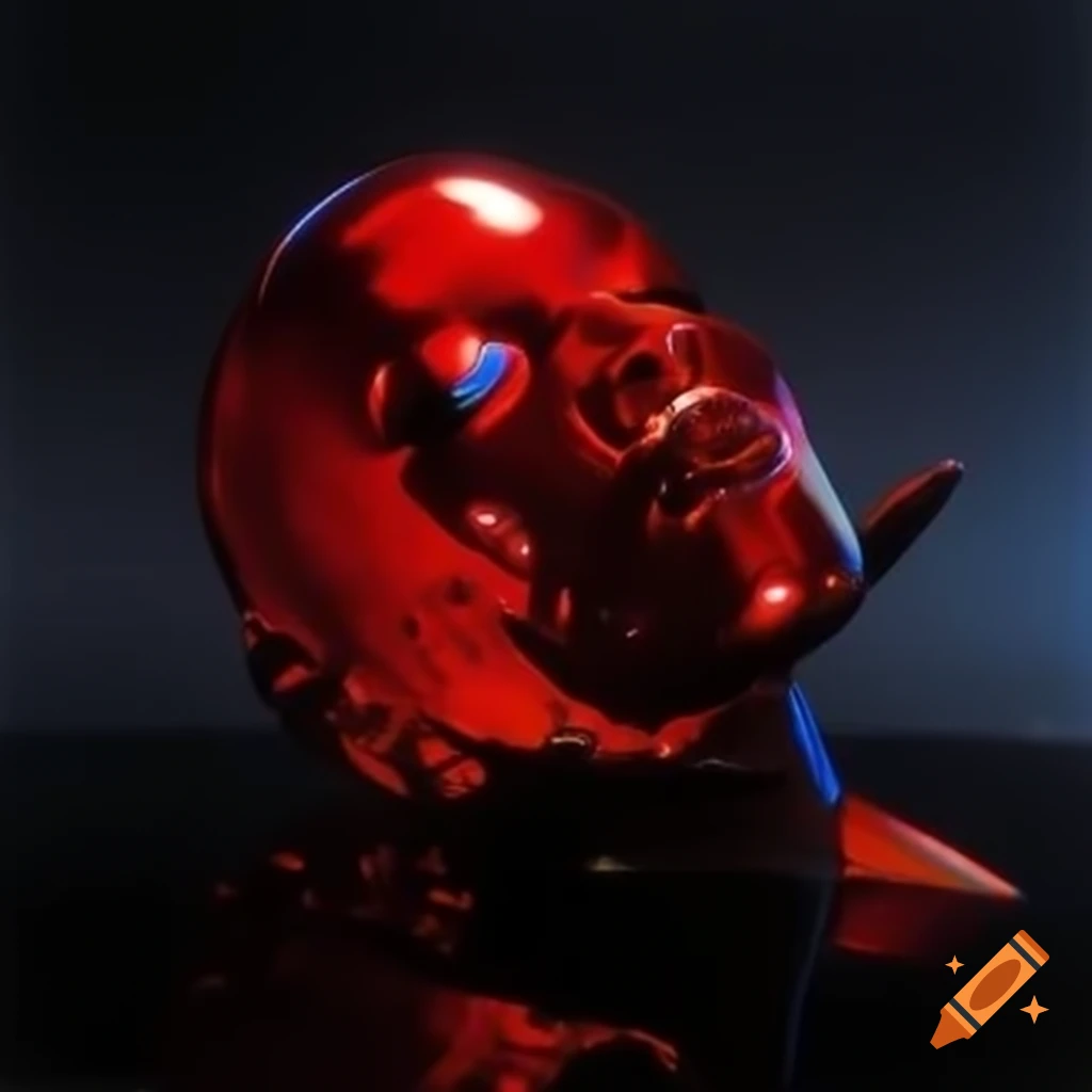 Iridescent red glass statue in pop surreal 2000's photography