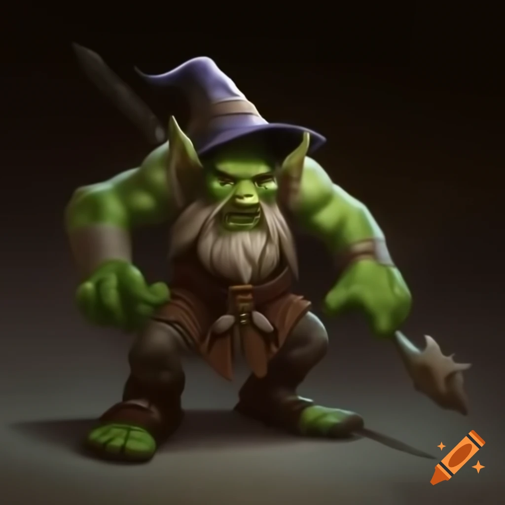 D&D character of Verdan Orc mixed race wizard with olive green skin and pointed ears crouching
