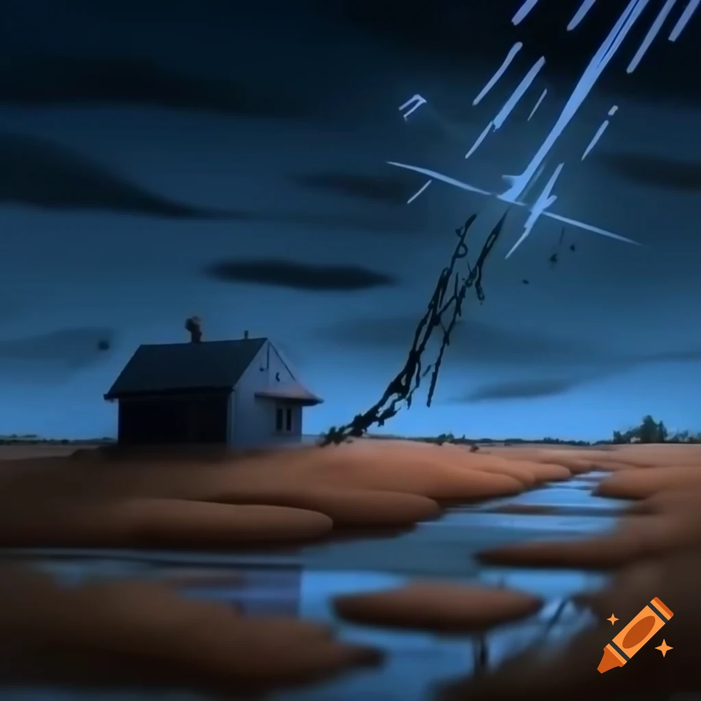 Nighttime landscape with stars and drizzle, featuring iron house on dry land and grass on wet soil