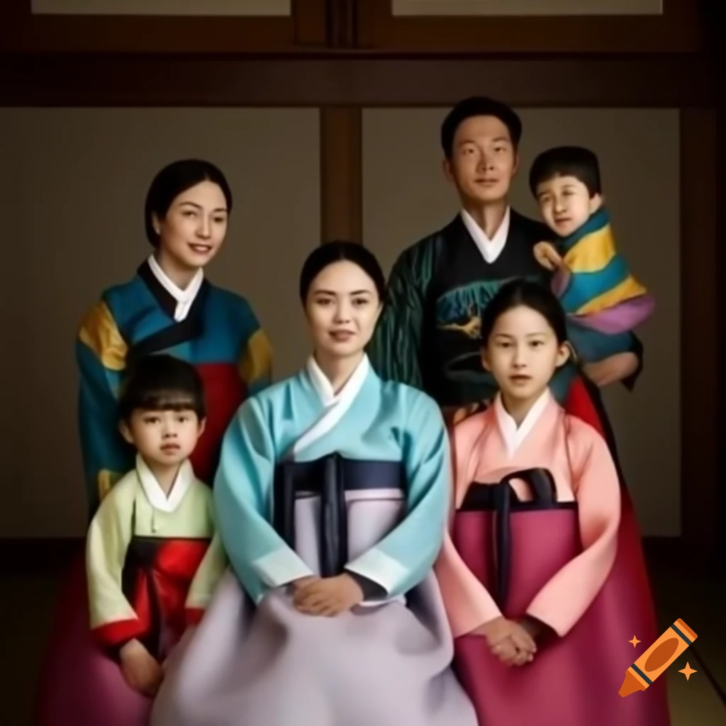 Family dressed in traditional Korean hanbok attire