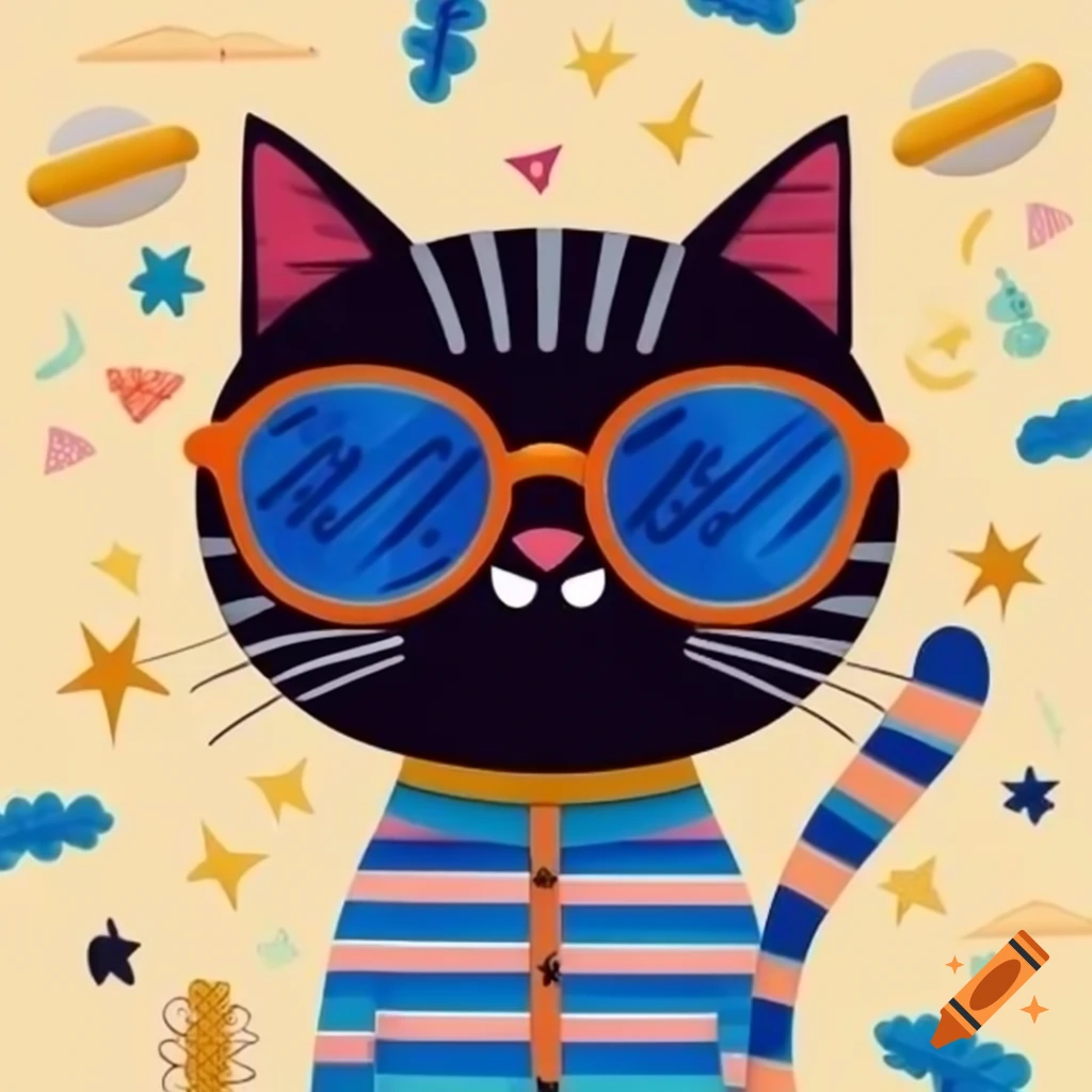 Cartoon black cat with pajama stripes and sunglasses